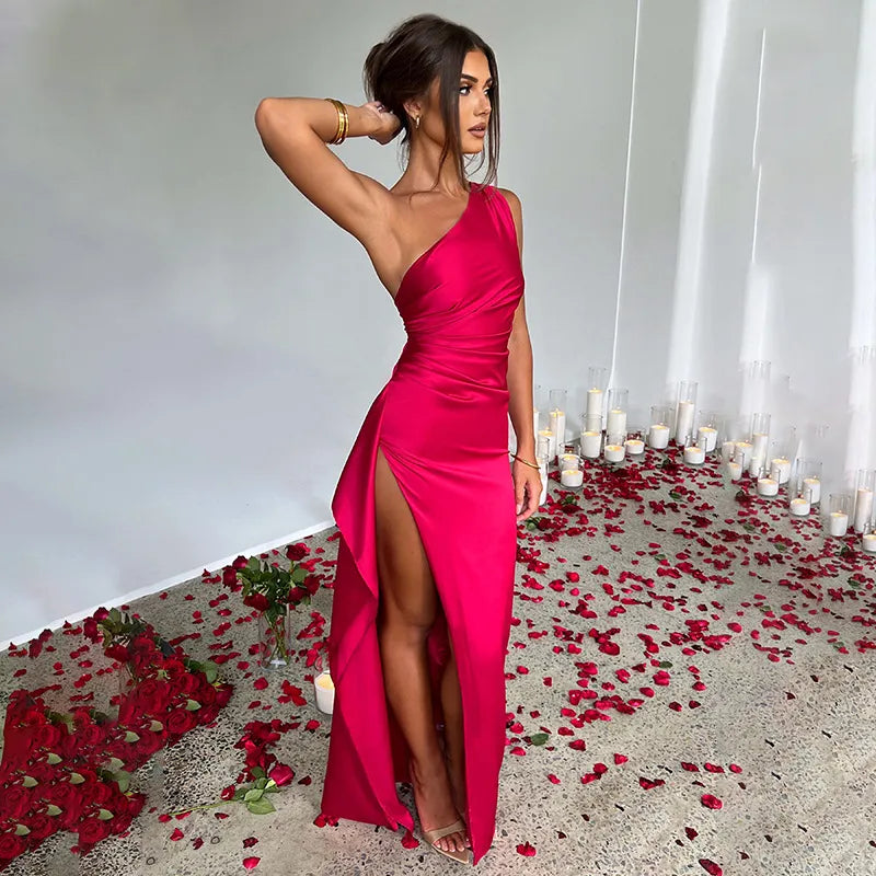 Elegant One-Shoulder Summer Satin Slit Dress