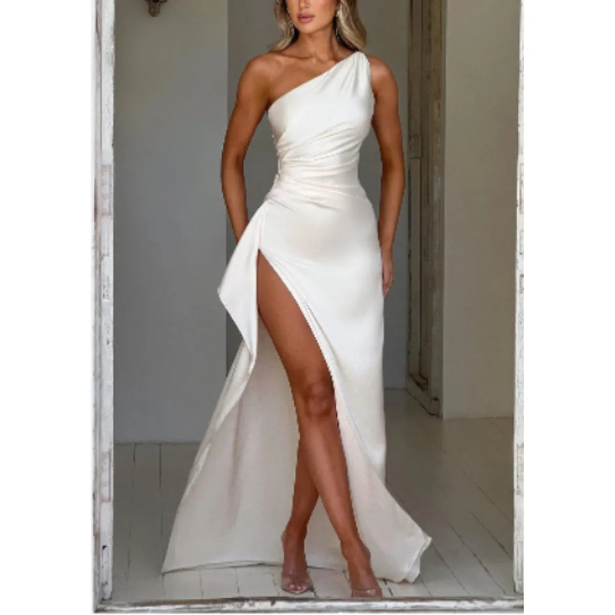 Elegant One-Shoulder Summer Satin Slit Dress