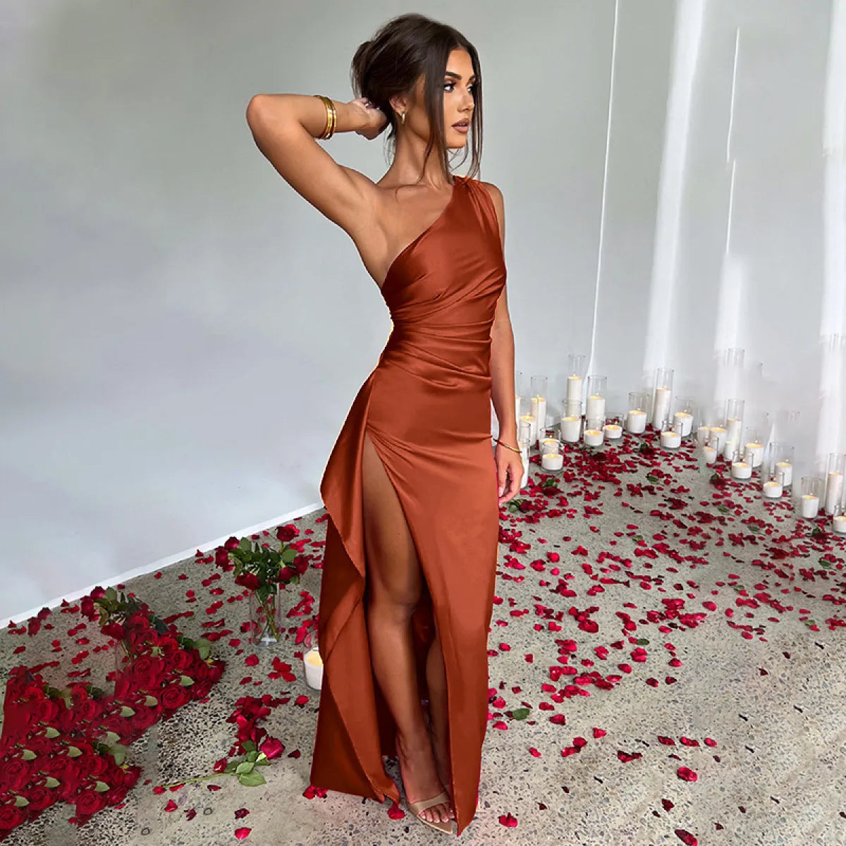 Elegant One-Shoulder Summer Satin Slit Dress