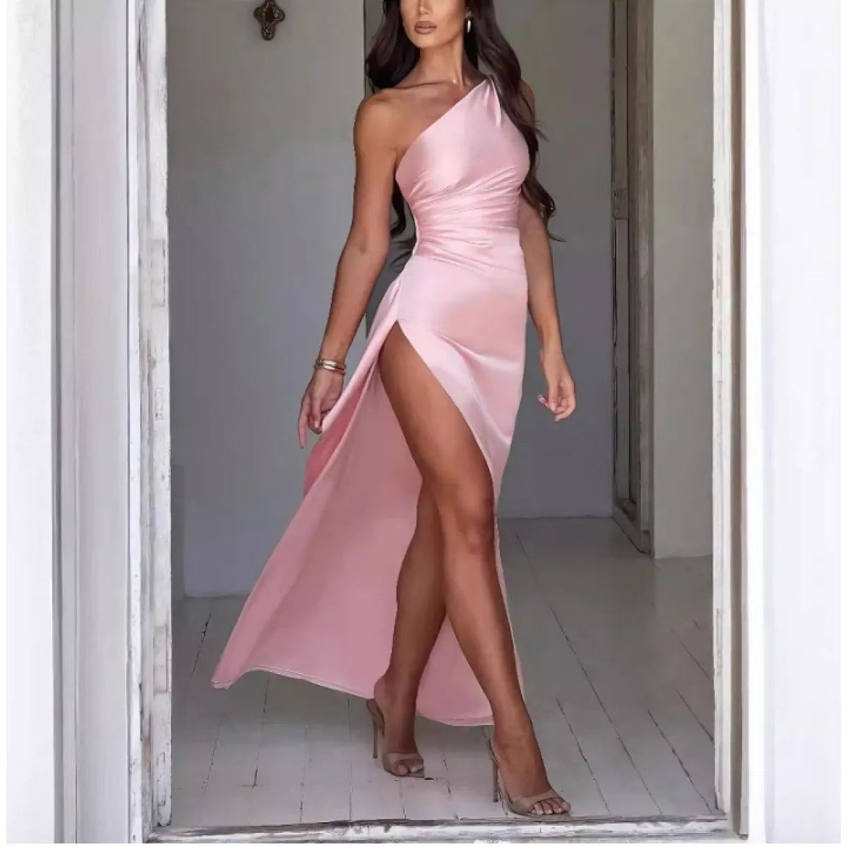 Elegant One-Shoulder Summer Satin Slit Dress