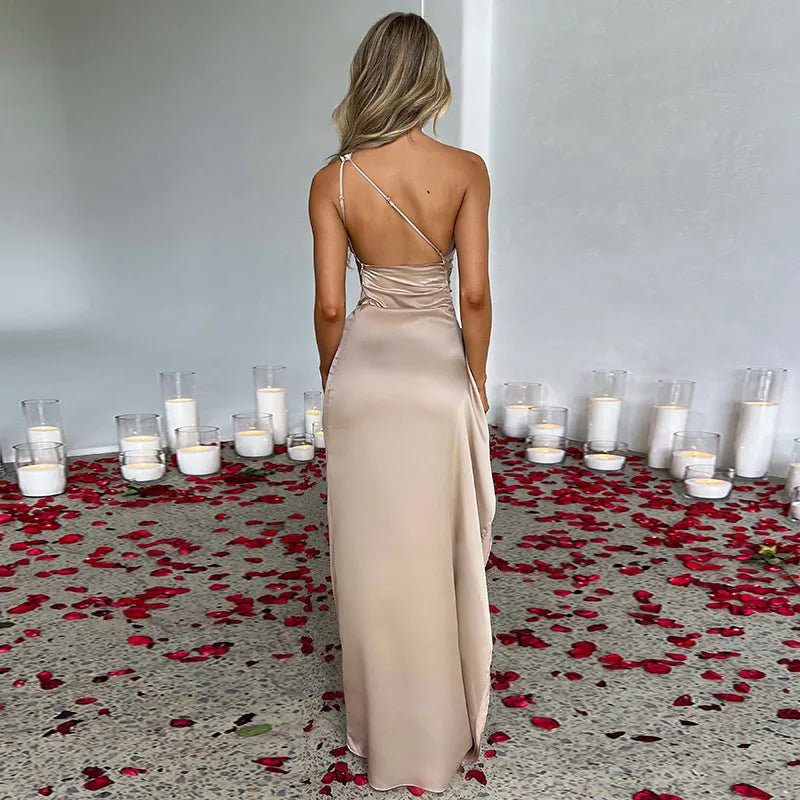 Elegant One-Shoulder Summer Satin Slit Dress